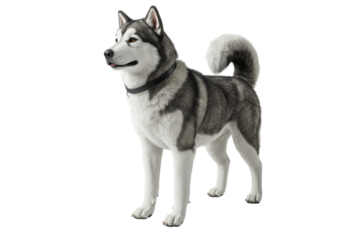 Majestic Alaskan Malamute dog PNG isolated on transparent backdrop, beautiful canine companion with striking markings and fluffy tail