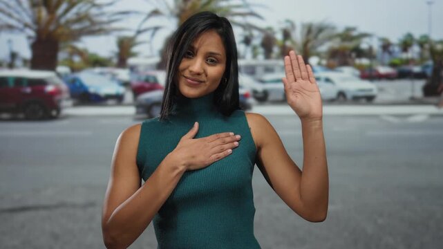 Young woman making a pledge gesture outdoors with palm trees and cars in the background under a cloudy sky, conveying sincerity and commitment in an urban setting.