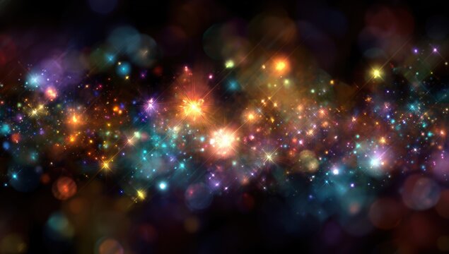 Vibrant abstract background of colorful, glittering bokeh lights and bright glowing particles against a dark backdrop for celebration themes