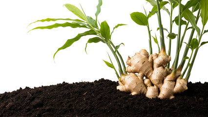 Ginger Rhizome Growing in Soil with New Green Shoots on Black Background