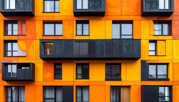 Bright orange, black, and yellow building facade with protruding square windows and balcony, creating dynamic patterns