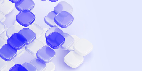 Abstract digital technology 3d background with glass holographic transparent square plate shapes in purple and white colors. Render geometric block pattern. Futuristic hi-tech banner. 3D illustration