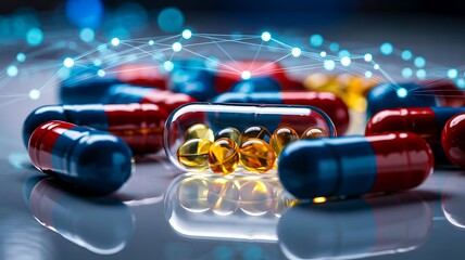 Colorful capsules and pills with digital network concept symbolizing modern healthcare and medicine

