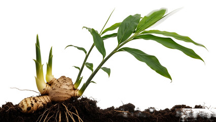 Isolated Ginger Plant with Green Leaves and Brown Roots on Transparent Background