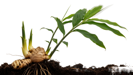 Isolated Ginger Plant with Green Leaves and Brown Roots on Transparent Background