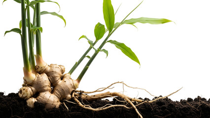 Fresh Ginger Rhizome with Sprouting Green Shoots on Black Background