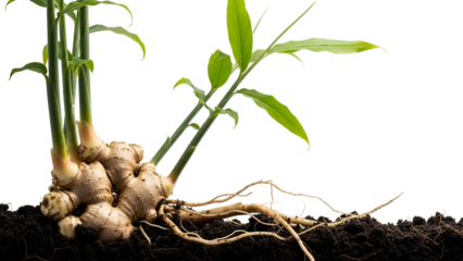 Fresh Ginger Rhizome with Sprouting Green Shoots on Black Background