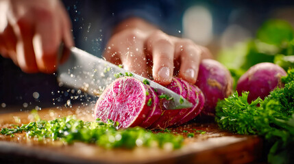 Chef slicing fresh purple turnips with a sharp knife on wooden board surrounded by green leaves in kitchen light
