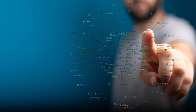 Person interacting with a digital network, representing technology, future, connectivity and data flow. Modern concept for innovation and commun