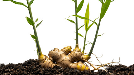 Ginger Rhizome Growing in Dark Soil with a Transparent Background