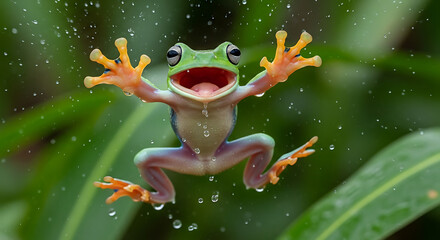 A joyful green tree frog with outstretched arms appears to be singing with happiness in the refreshing tropical rain