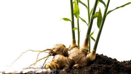 Close Up of Ginger Rhizome with Green Shoots on Dark Soil Against Transparent Background