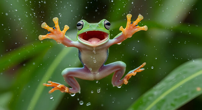 A joyful green tree frog with outstretched arms appears to be singing with happiness in the refreshing tropical rain