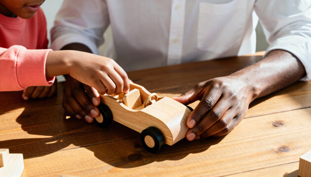 A Black father and child playing together with a wooden toy car on a table. Family bonding and quality time at home