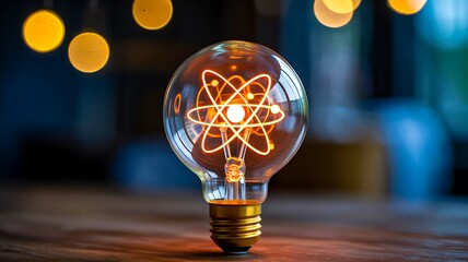 Light bulb with glowing atomic symbol representing science innovation and creative energy
