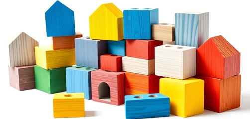 Colorful wooden building blocks isolated on white background,  design,  macro