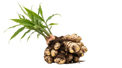 Fresh Ginger Rhizome and Roots with Green Leaves on Transparent Background