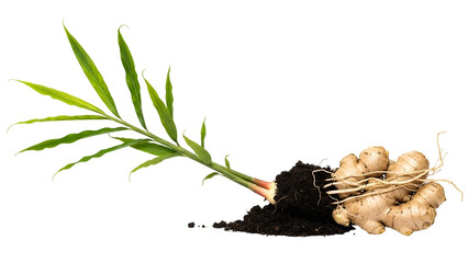 Fresh Ginger Root with Green Leaves and Soil Transparent Background