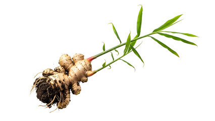 Ginger Root with Green Shoots on Transparent Background in Top Down Perspective Isolated Close Up