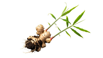Isolated Ginger Rhizome with Sprout Growing on Transparent Background Revealing Soil and Roots Detail in Studio Lighting