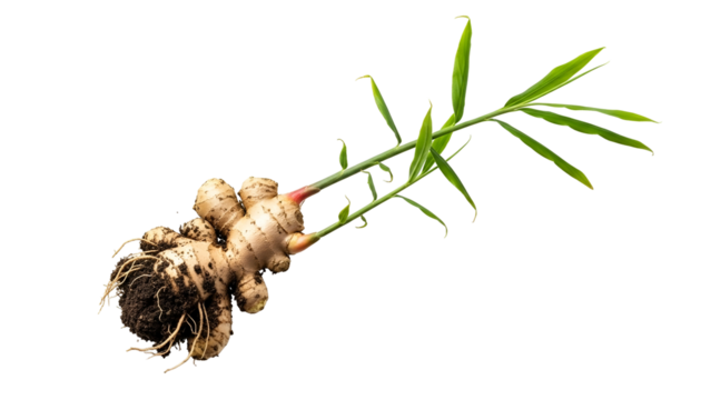 Ginger Root with Green Shoots on Transparent Background in Top Down Perspective Isolated Close Up