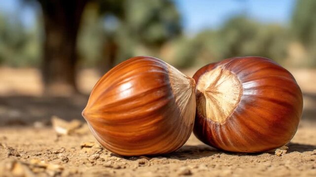 Close-up of two shiny, brown, oval-shaped nuts resting on dry, brown earth with blurry background