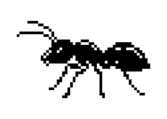 Black ant pixel art on white background. cute animal. retro style.