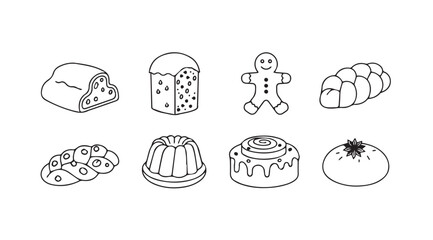 Collection of delicious baked goods and pastries in a clean silhouette style