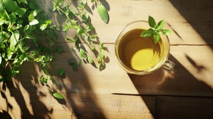 Cup of green tea on a wooden table with natural light and soft shadows