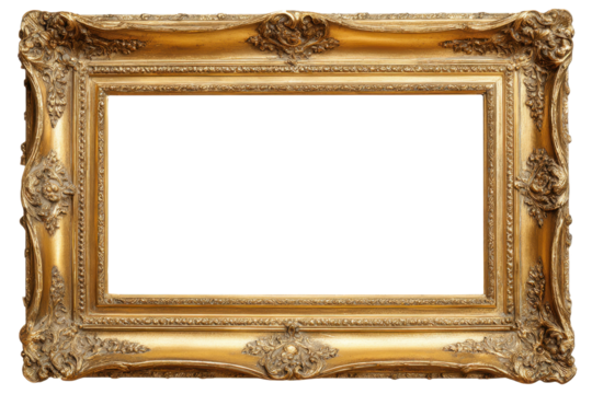 Ornate golden frame with detailed baroque carvings on transparent background
