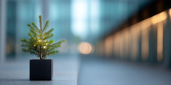 Small potted evergreen tree with decorative lights placed on urban ledge with blurred city background and warm bokeh lighting