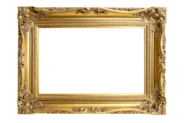 Vintage ornate gold frame with elaborate carvings for artwork display on transparent