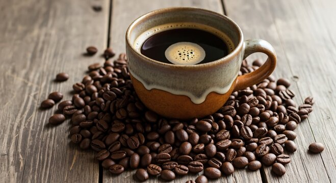 Freshly Brewed Coffee in a Rustic Cup Surrounded by Coffee Beans for Home or Café Enjoyment