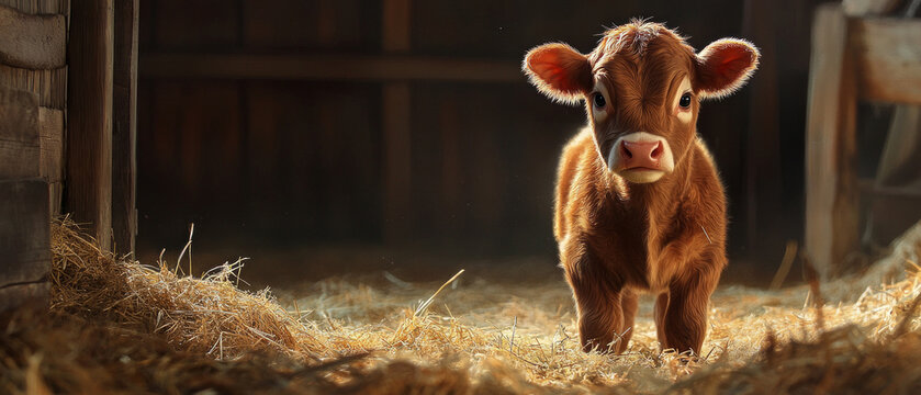 In a dark barn, a curious calf stands on a straw bed, creating an atmospheric backdrop for agricultural or nature themes.