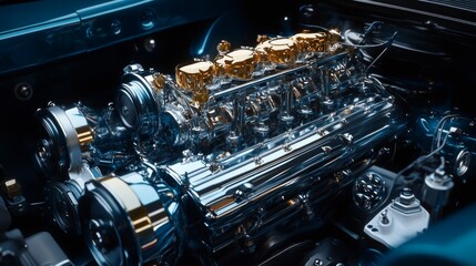 The gleaming engine with gold accents showcases power and technical excellence, providing a stylish backdrop for automotive exhibitions and engineering innovations.