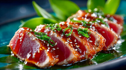 Close-up of seared tuna tataki topped with sesame seeds, scallions, and glaze on a green leaf