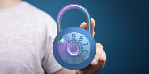 A close-up of a person holding a glowing combination lock, representing digital security, data...