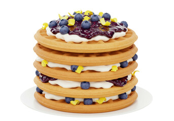 Stack of waffles with cream, blueberries, and lemon zest isolated, delicious dessert for breakfast or brunch on a plate
