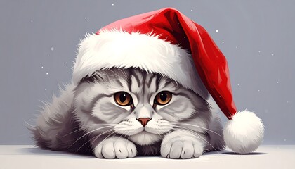 Adorable grey tabby kitten, big eyes, wearing a bright red Santa hat against a light grey snowy backdrop