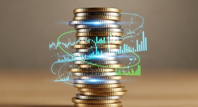 Stacked Coins with Financial Data Overlay - Powered by Adobe