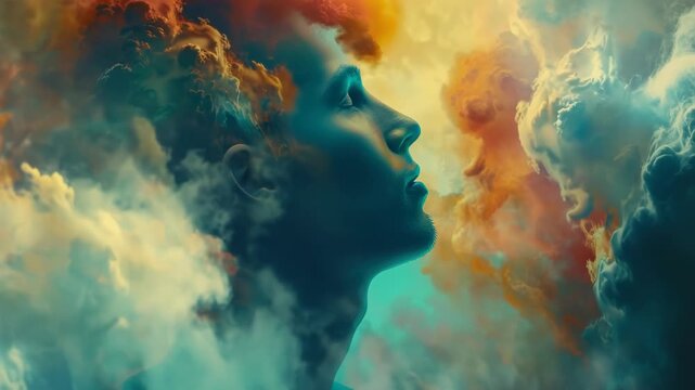 A surreal artistic representation of self-awareness and inner exploration in a colorful dreamlike landscape.