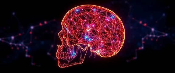 Intricate glowing lines forming a complex network within a human skull silhouette,  visual,  lines