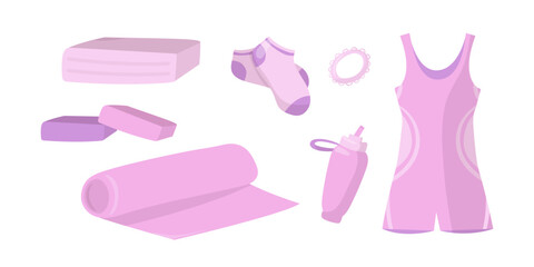 Equipment for yoga, fitness, stretching. Sportswear, socks, mat, blocks, water bottle, hair tie. Collection of pink things. Vector illustration set isolated on white background.