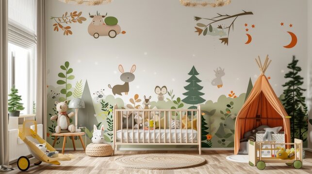 A cosy children's room with forest motifs and toys creates a warm atmosphere, perfectly suited as the main backdrop for interior design projects.