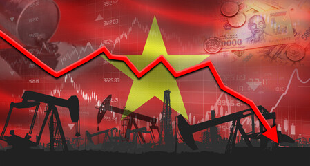 Fall oil price with Vietnamese flag on economic chart, Petrol crisis with Vietnamese flag on financial graph