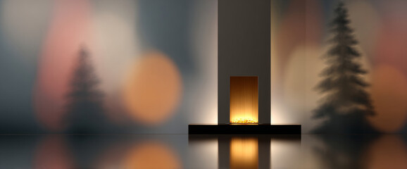 Minimalist modern fireplace with warm glowing fire and blurred Christmas tree silhouettes in cozy ambient setting