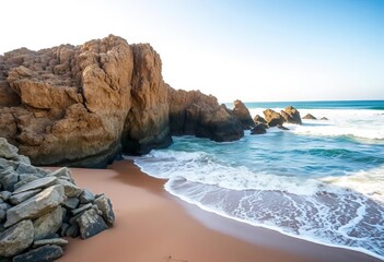 Rugged coastal rock formation jutting from sandy beach, waves crashing, water, outdoor