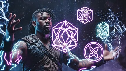 African american man warrior emanating power with glowing magic tattoos on his arms, standing in a dark mystical setting, representing fantasy, strength, and supernatural energy - Powered by Adobe