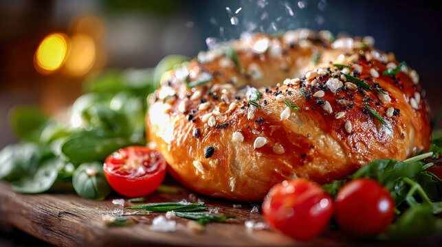 Golden-brown ring-shaped bread topped with seeds surrounded by fresh tomatoes and greens - Powered by Adobe