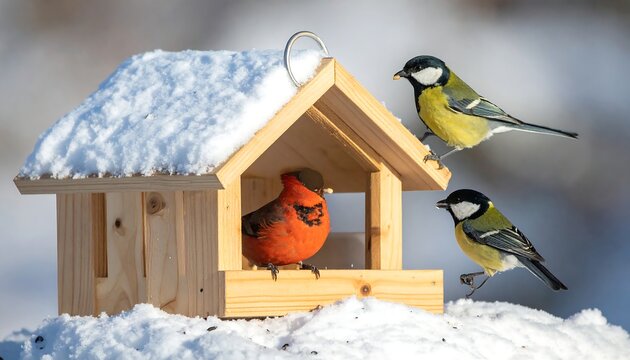 Birdhouse in winter snow. Two great tits perch, and a red bird sits inside, against soft out-of-focus snowy trees